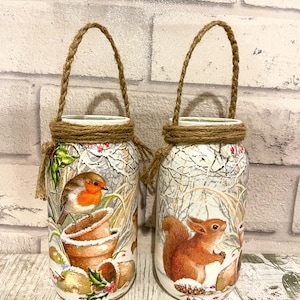 Christmas robin decorations, Glass jar with rope, decoupage jar, Xmas decor, Robin and squirrel, Mason jar decor, Xmas gift for friend, Jars image 1