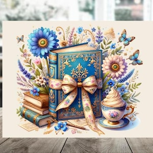May include: A whimsical illustration features a large blue book adorned with gold filigree and a floral ribbon. Surrounding the book are colorful flowers, butterflies, and a teacup with whipped cream. A stack of smaller books adds to the charming scene.