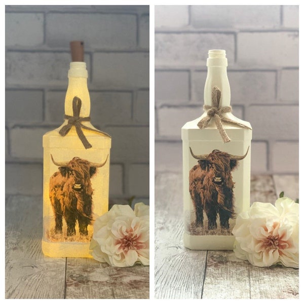 Highland cow lamp, Cow gifts for women, Highland cow home decor, Country farmhouse decor, decoupage bottles, Painted bottle lights, Gift
