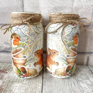 Christmas robin decorations, Glass jar with rope, decoupage jar, Xmas decor, Robin and squirrel, Mason jar decor, Xmas gift for friend, Jars image 9