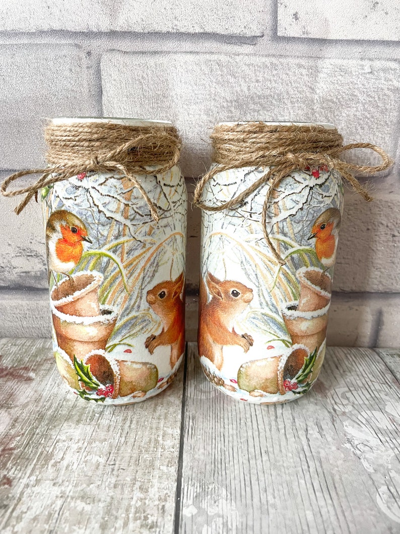 Christmas robin decorations, Glass jar with rope, decoupage jar, Xmas decor, Robin and squirrel, Mason jar decor, Xmas gift for friend, Jars image 9