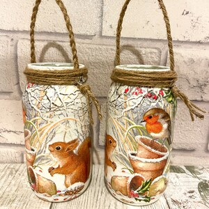 Christmas robin decorations, Glass jar with rope, decoupage jar, Xmas decor, Robin and squirrel, Mason jar decor, Xmas gift for friend, Jars image 5