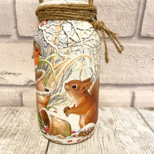 Christmas robin decorations, Glass jar with rope, decoupage jar, Xmas decor, Robin and squirrel, Mason jar decor, Xmas gift for friend, Jars image 7