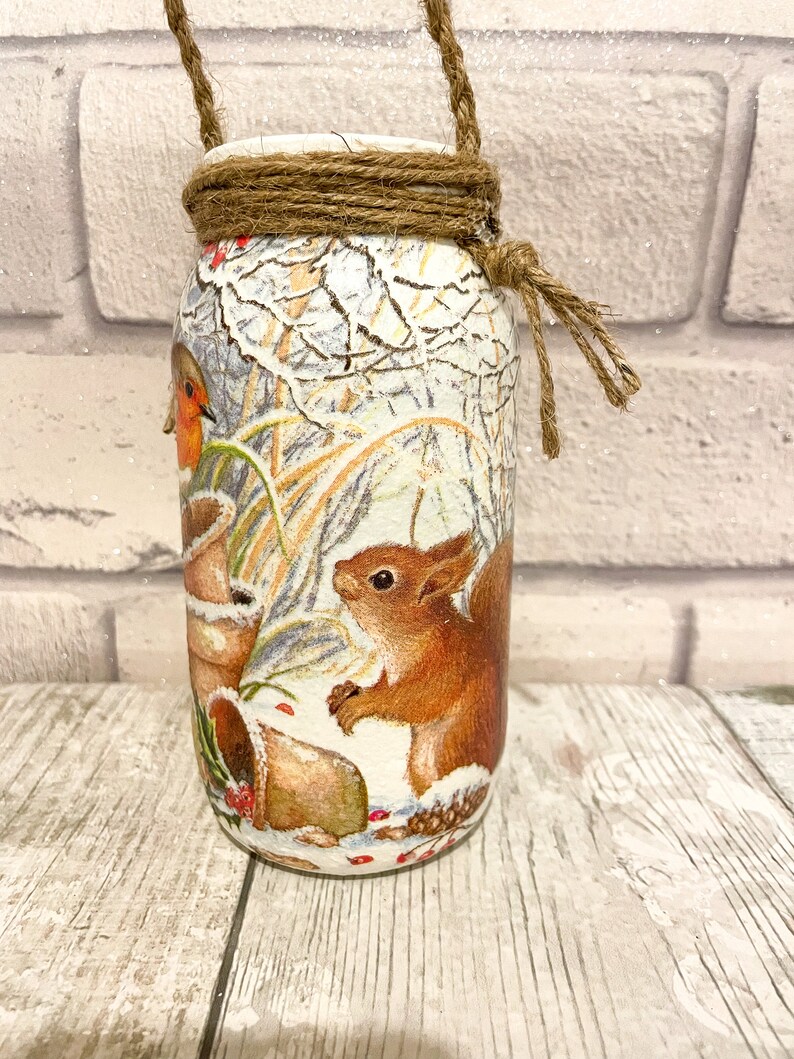 Christmas robin decorations, Glass jar with rope, decoupage jar, Xmas decor, Robin and squirrel, Mason jar decor, Xmas gift for friend, Jars image 7