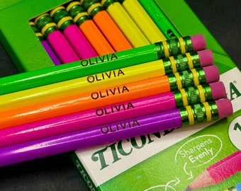 Personalized Neon #2 Pencils | Purple, Pink, Orange, Yellow, and Green | 10-Pack | Engraved Ticonderoga Neon Pencils