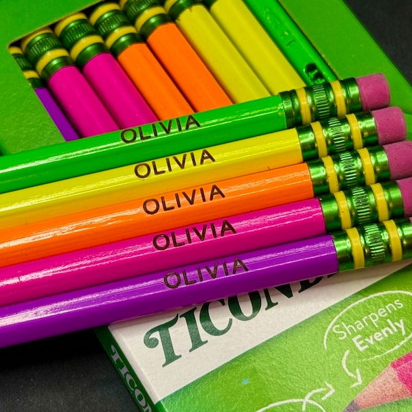 Personalized Neon #2 Pencils | Purple, Pink, Orange, Yellow, and Green | 10-Pack | Engraved Ticonderoga Neon Pencils