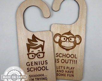 Home Schooling Door Hanger | Remote School | Genius School | Shhh... I'm Trying To Focus | Genius Boy & Monkey | Personalize