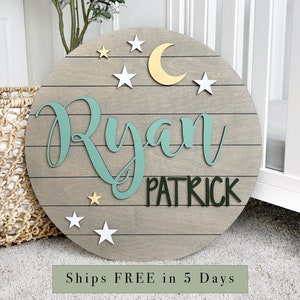 Moon and Stars Nursery Sign | Custom Baby Name Sign | Nursery 3D Sign | Nursery Boy Sign | Baby Name Sign | Nursery Sign | Round Name Sign