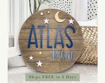 Moon and Stars Nursery Sign | Custom Baby Name Sign | Nursery 3D Sign | Nursery Boy Sign | Baby Name Sign | Nursery Sign | Round Name Sign