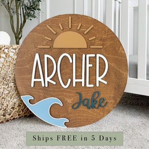 Ocean Wave Nursery Sign, Boys Nursery Name Sign, Coastal Nursery Decor, Nautical Nursery Theme, Custom Baby Shower Gift, Round Wood Sign