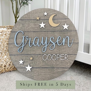 Moon and Stars Nursery Sign | Custom Baby Name Sign | Nursery 3D Sign | Nursery Boy Sign | Baby Name Sign | Nursery Sign | Round Name Sign