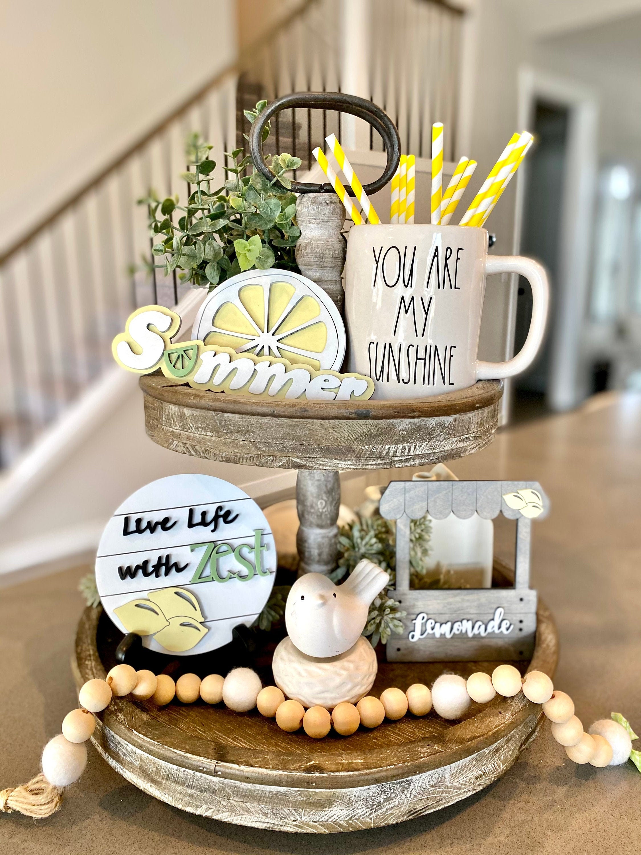 Wooden Stack Books Summer Lemons Details about   Lemon Farmhouse Tiered Tray Decor 