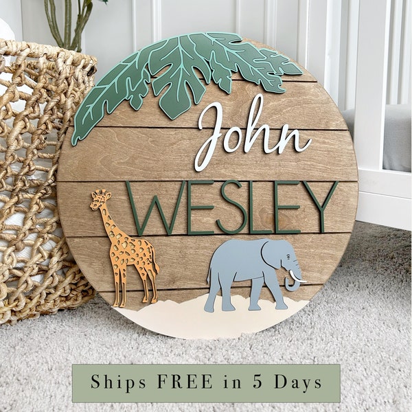 Safari Nursery Name Sign, Shiplap Name Sign, Custom Baby Shower Gift, Animal Boy Name Sign, Wooden Kid Room Decor