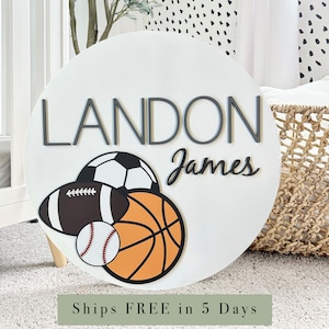 Sports Themed Nursery Sign, Custom Baby Shower Gift, Sport Ball Name Sign, Boy Name Sign, Wooden Kid Room Decor