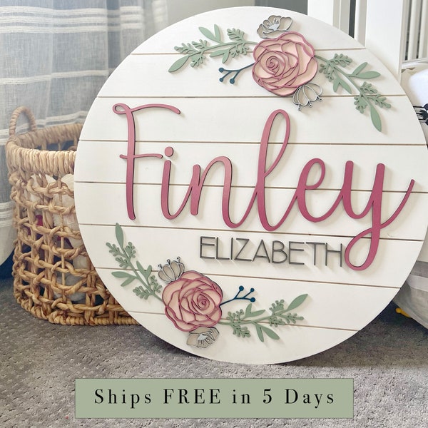 Rose Flower Nursery Sign, Personalized Gift, Nursery Name Sign, Nursery Wall Art, Boho Nursery Decor, Girl Nursery Decor, 3D Wooden Sign