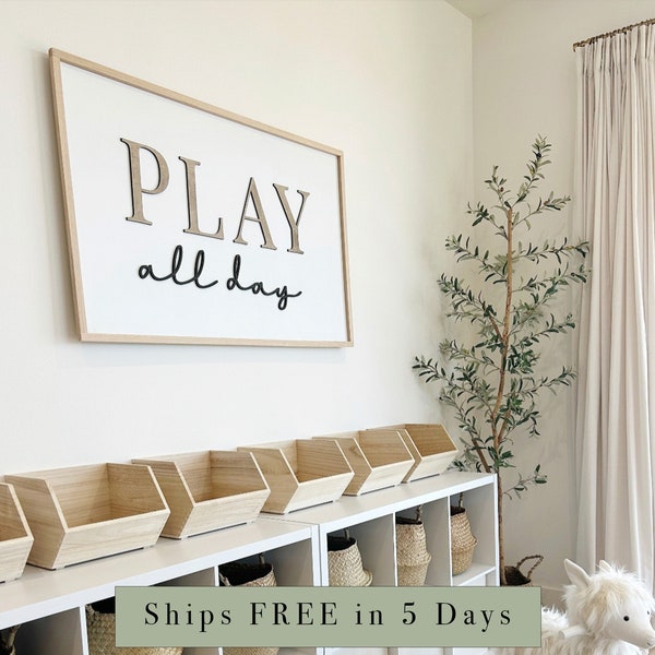 Play All Day Sign, Playroom Sign, Framed Playroom Sign, Kids Sign, Nursery Sign, Playroom Wall Art, Playroom Wall Decor, Kid Room Decor