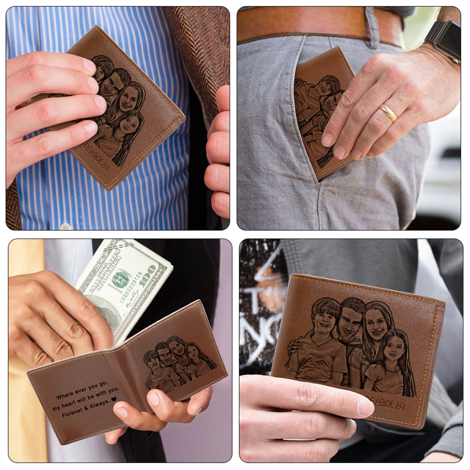 Gemszoo Personalized Wallet For Men With Engraved Photo Monogram Name Custom Mens Wallets Line Figure Picture Wallet Bifold Leather Wallet Purse For Father Dad Husband Son BF Style 1