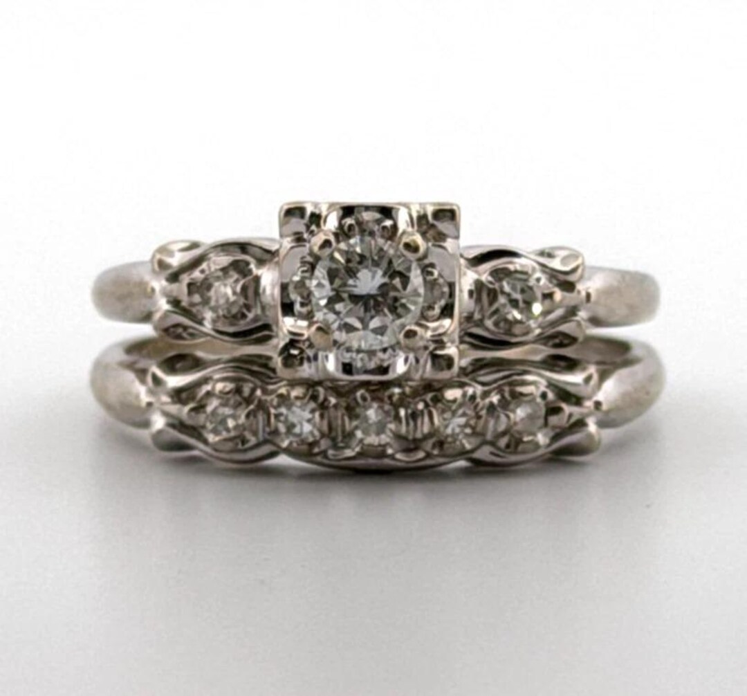 Vintage 10K White Gold RBC & Single Cuts 0.45ctw Diamond Wedding Set ...
