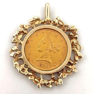 1895 10 Dollar Liberty Head Eagle Gold Coin Pendant in Nugget Style 14K Gold Frame 30g