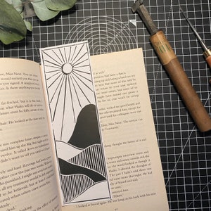 Sun and hills landscape lino print bookmark