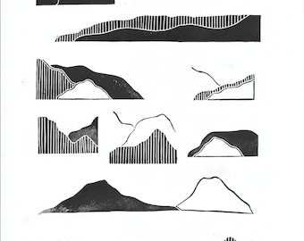 May include: Black and white line art print of various mountain shapes. The print features a variety of mountain silhouettes, some with striped patterns and some with solid black shapes.
