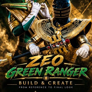 May include: A cosplay e-book titled ZEO GREEN RANGER BUILD & CREATE FROM REFERENCE TO FINAL LOOK featuring two figures in green and black ranger armor with gold accents, holding weapons. Icons for tools, adhesives, foam, and fabric are displayed.