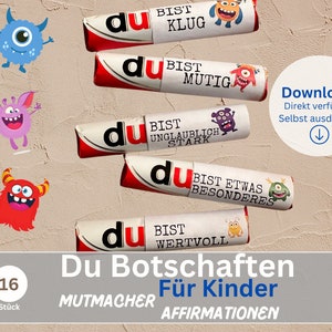 Könnte beinhalten: Ein Set mit 16 druckbaren Affirmations-Stickern mit bunten Monster-Illustrationen und positiven Botschaften wie "Du bist stark" und "Du bist etwas Besonderes". Die Sticker sind zum Ausdrucken und als Motivationshilfe für Kinder gedacht.
