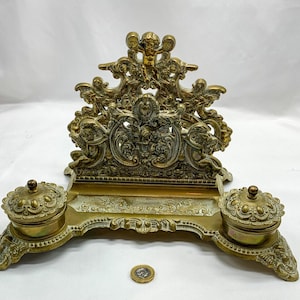Vintage brass inkwell letter rack - newspaper Rack - decorative embossed office decoration- desk tidy up
