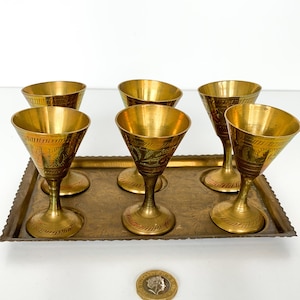 Vintage Engraved Brass Mini Goblet Set with tray, collectible engraved  handmade goblet set