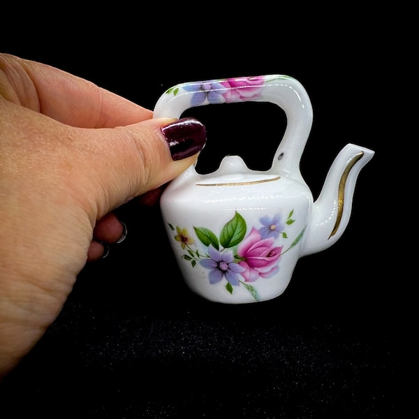 Vintage miniature kettle floral pattern , small vintage kitchen decoration , bone china dollhouse teapot ornaments , mom gift