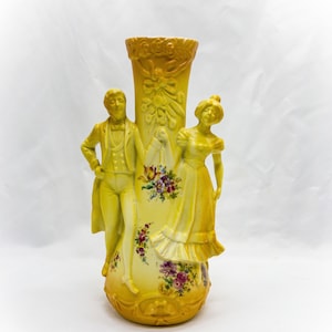 Vintage Embossed floral bone vase - love figures- Anniversary Gift- Romantic porcelain bone china Vase - wedding gift 1987