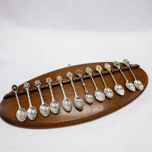 vintage Tea Spoon collection Wood Rack, kitchen wall decor , collectible Silver plated souvenir, wall hanger , Mom Gift