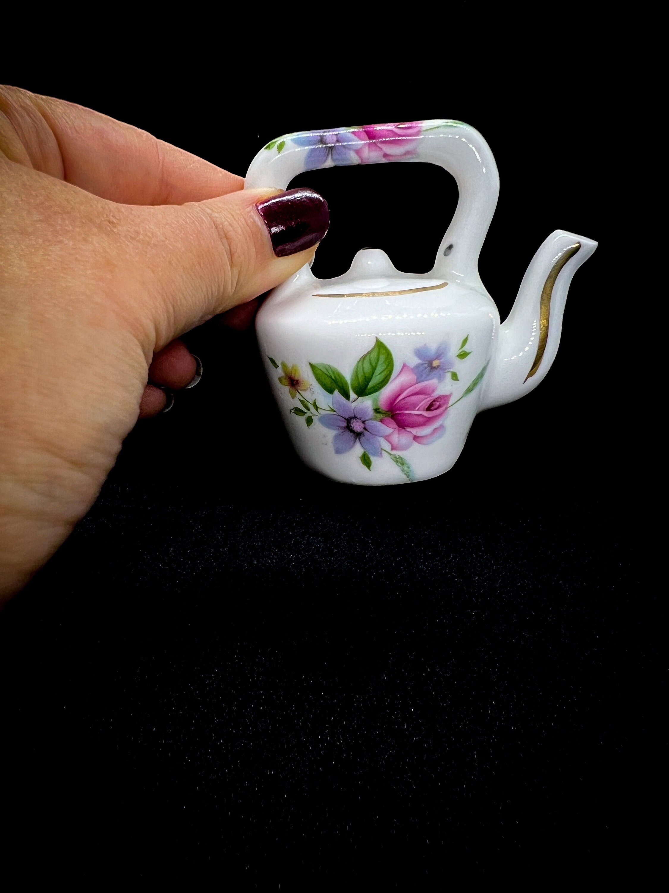 Vintage miniature kettle floral pattern , small vintage kitchen decoration , bone china dollhouse teapot ornaments , mom gift