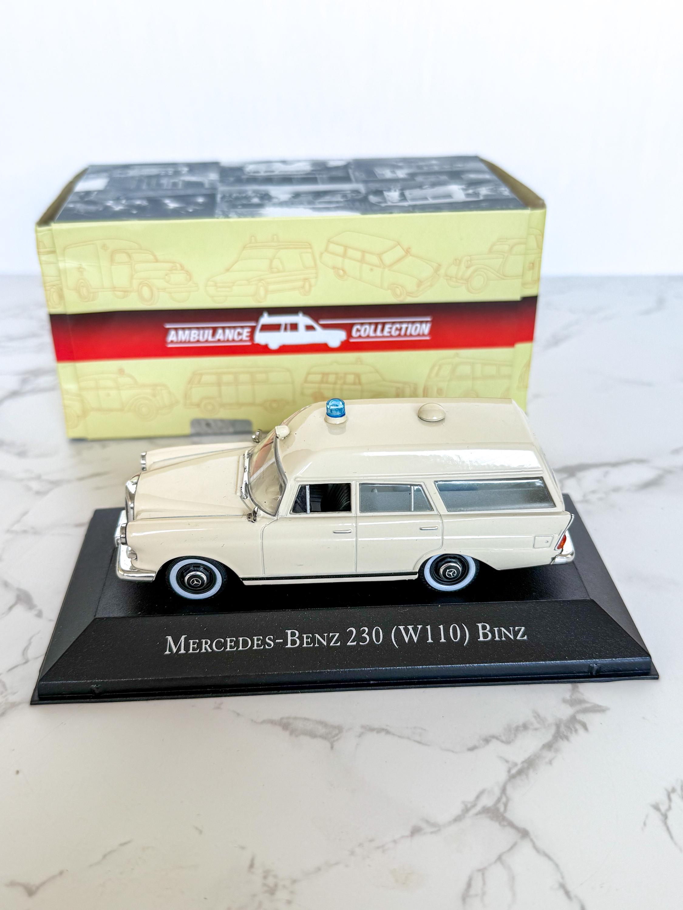 A collectible scale model Mercedes-Benz 200 Binz Ambulance from Altaya