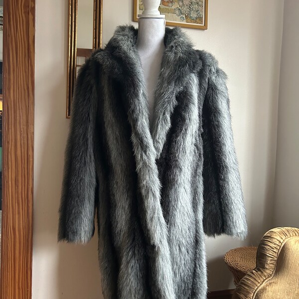 Vintage Faux Fur Coat, Gray, Black, Multi Color, Made in USA, Size 7 / 8