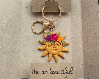 Celestial Floral sun keychain from polymer clay, handmade Accessory, christmas gift for her, celestial keychain, sun keyring