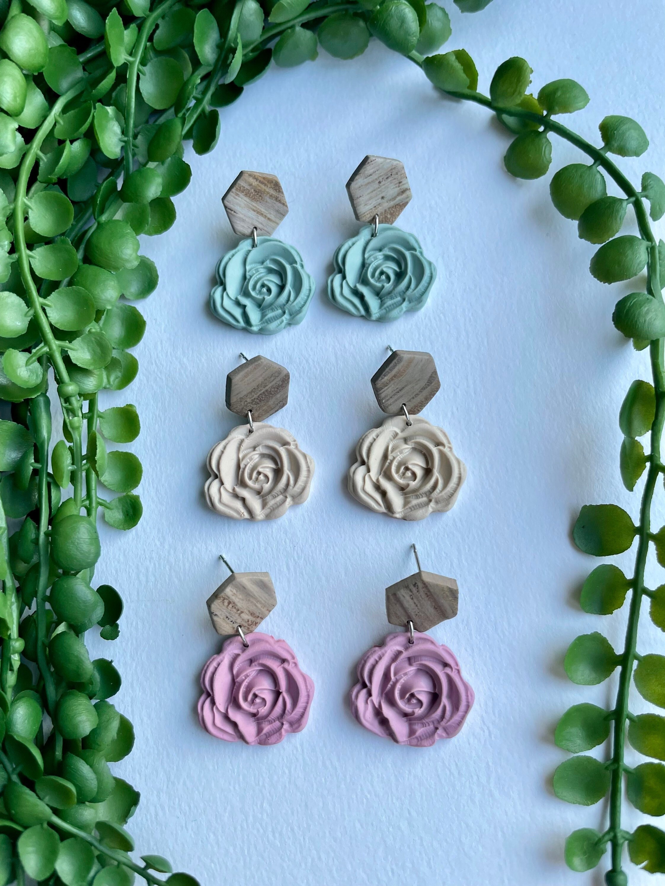 Rose Flower Clay Earrings, Statement Handmade Jewellery