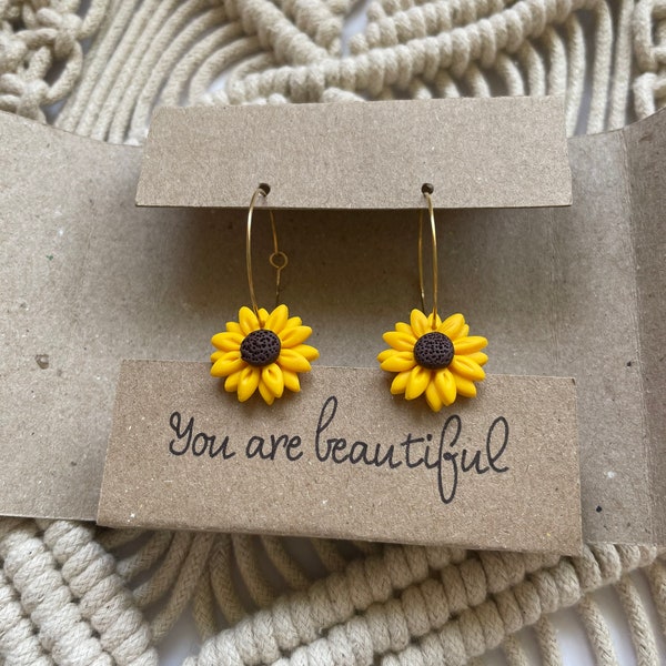 Pendientes de girasol de arcilla polimérica, caja porta joyas única hecha a mano, pendientes de primavera, regalo para ella