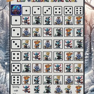 Puede incluir: Un tablero de juego titulado "Lilo Wizarding Saving Game" con una cuadrícula de cuadrados, dados y personajes de Stitch vestidos de magos. El tablero tiene un fondo de bosque invernal y un sombrero de mago en la esquina superior izquierda.