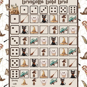 May include: A decorative game board titled "Gringotts Gold Grid" with themed illustrations. The board features dice, a castle, a broom, a cat, a hat, a person, a car, and an owl. The words "Saving with Tiffany" are at the bottom.