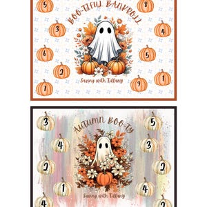 Puede incluir: Dos diseños con temática de Halloween. El diseño superior presenta un fantasma con calabazas y el texto "BOO-TIFUL BANKROLL". El diseño inferior muestra un fantasma con calabazas y el texto "Autumn BOO-ty". Ambos diseños incluyen el texto "Saving with Tiffany."