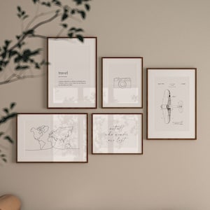 Voyage Galerie Wall Art, Wanderlust Wall Art, Travel Wall Art, Minimal Travel Art, World Map Line Art, Camera Line Art, Travel Quote Print