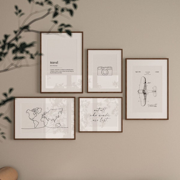 Travel Gallery Wall Art, Wanderlust Wall Art, Travel Wall Art, Minimal Travel Art, World Map Line Art, Camera Line Art, Travel Quote Print