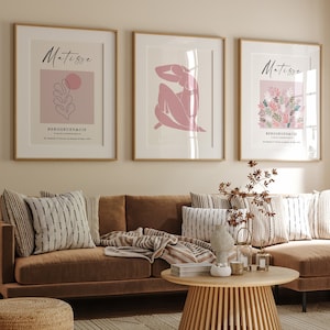 Różowa sztuka ścienna Matisse, zestaw 3, zestaw wydruków Blush Matisse, pastelowa sztuka ścienna, plakat wystawy Matisse, zestaw ścienny do galerii Matisse