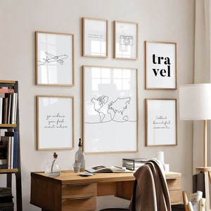 Galerie de voyage Wall Art, Art mural de voyage, Affiches de voyage, Impression noir blanc, Citation de voyage, Wanderlust Print, World Map Line Art, Camera Art