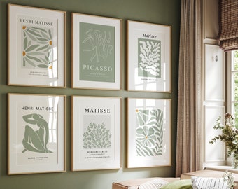 Sage Green Wall Art Set, Gallery Wall Art, Set of 6, Abstract Sage Green Prints, Green Botanical Prints,  Matisse  Art, Flower Market Art