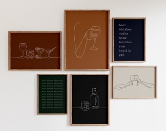 Bar Cart Line Art Print Set, Minimalist Drink Decor (Digital Download)