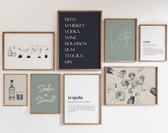 Bar Gallery Wall Art Set of 8 + 2 Bonus Prints for Free, Bar Cart Print, Bar Decor, Whiskey Art, Bar Art, Kitchen Art, Cheers sign, Bar Sign