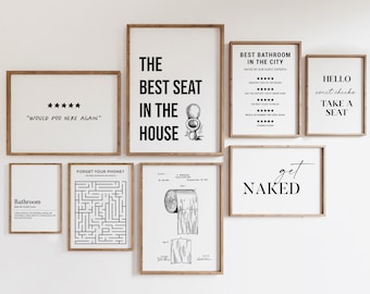 Funny Bathroom Art Prints Set, Black and White Typography (Digital Download)
