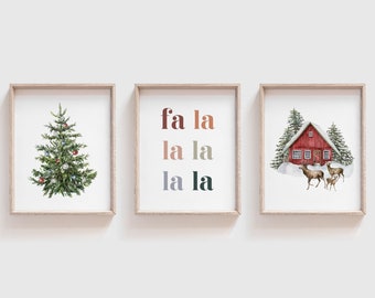 Cozy Christmas Wall Art, Christmas Print Set of 3, Christmas Decor, Fa La La Wall Art, Christmas Tree Art Print, Winter Art, Holiday Decor